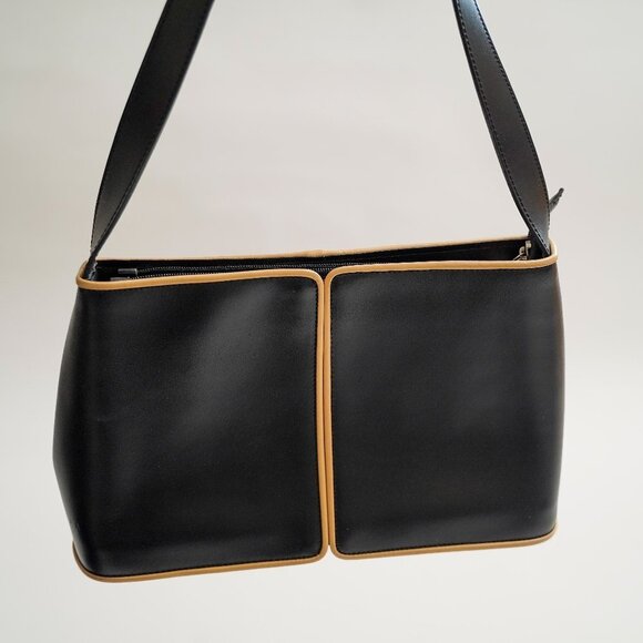 Vintage Arcadia Black Shoulder Bag With Tan Piping - Picture 2 of 13